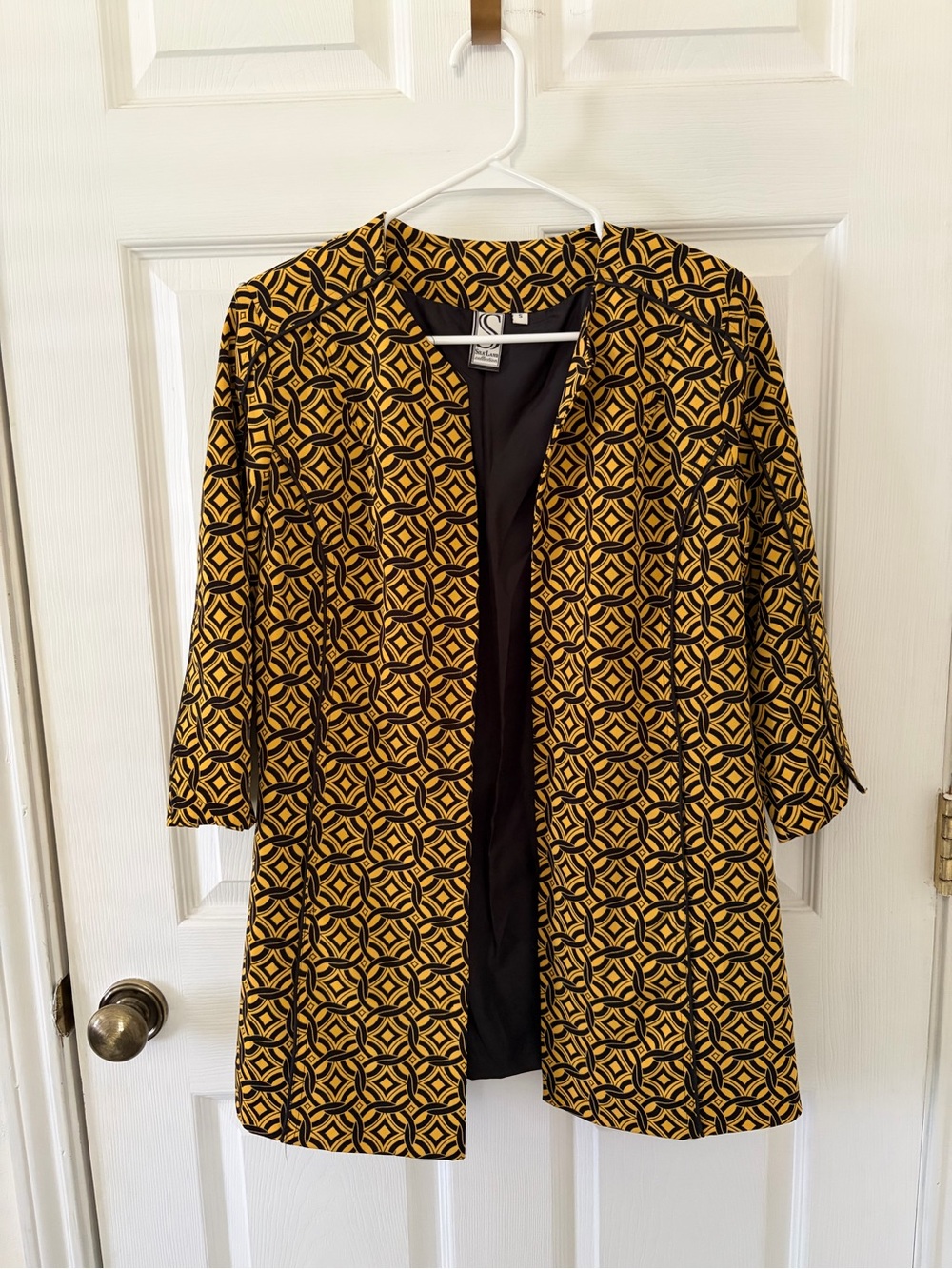 Silk Land Geometric Print Open-Front Blazer Jacket - Yellow/Black